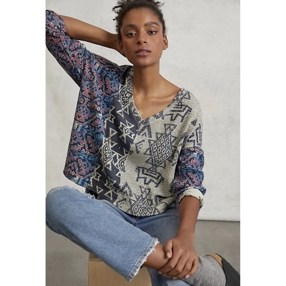 Anthropologie Pilcro Women's Moira Pullover Blue Motif Tribal Cotton Size XS $88